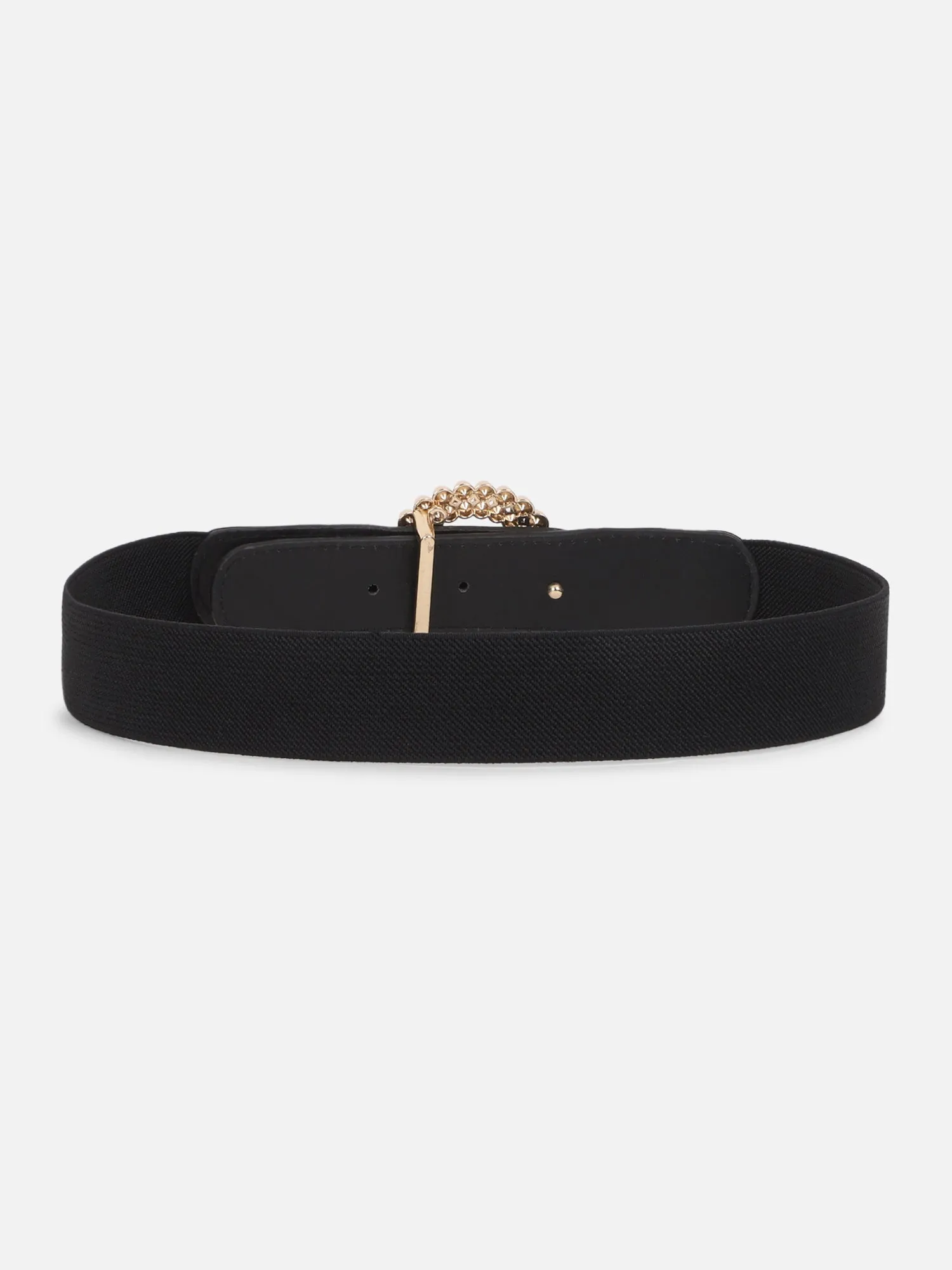 Berrylush Women Solid Black Diamond & Pearl Embellished PU Nylon Push-Pin Regular Belt