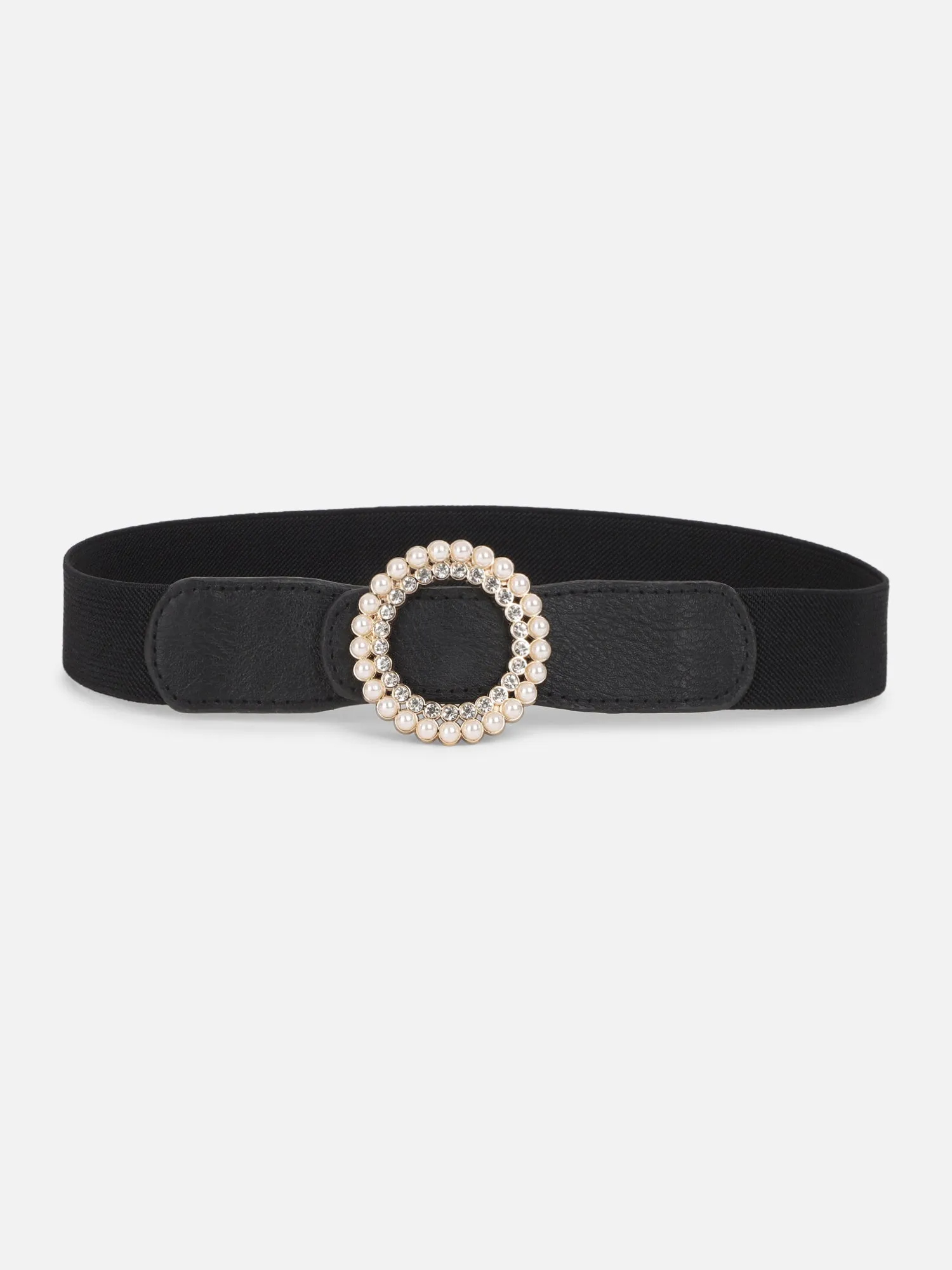 Berrylush Women Solid Black Diamond & Pearl Embellished PU Nylon Push-Pin Regular Belt