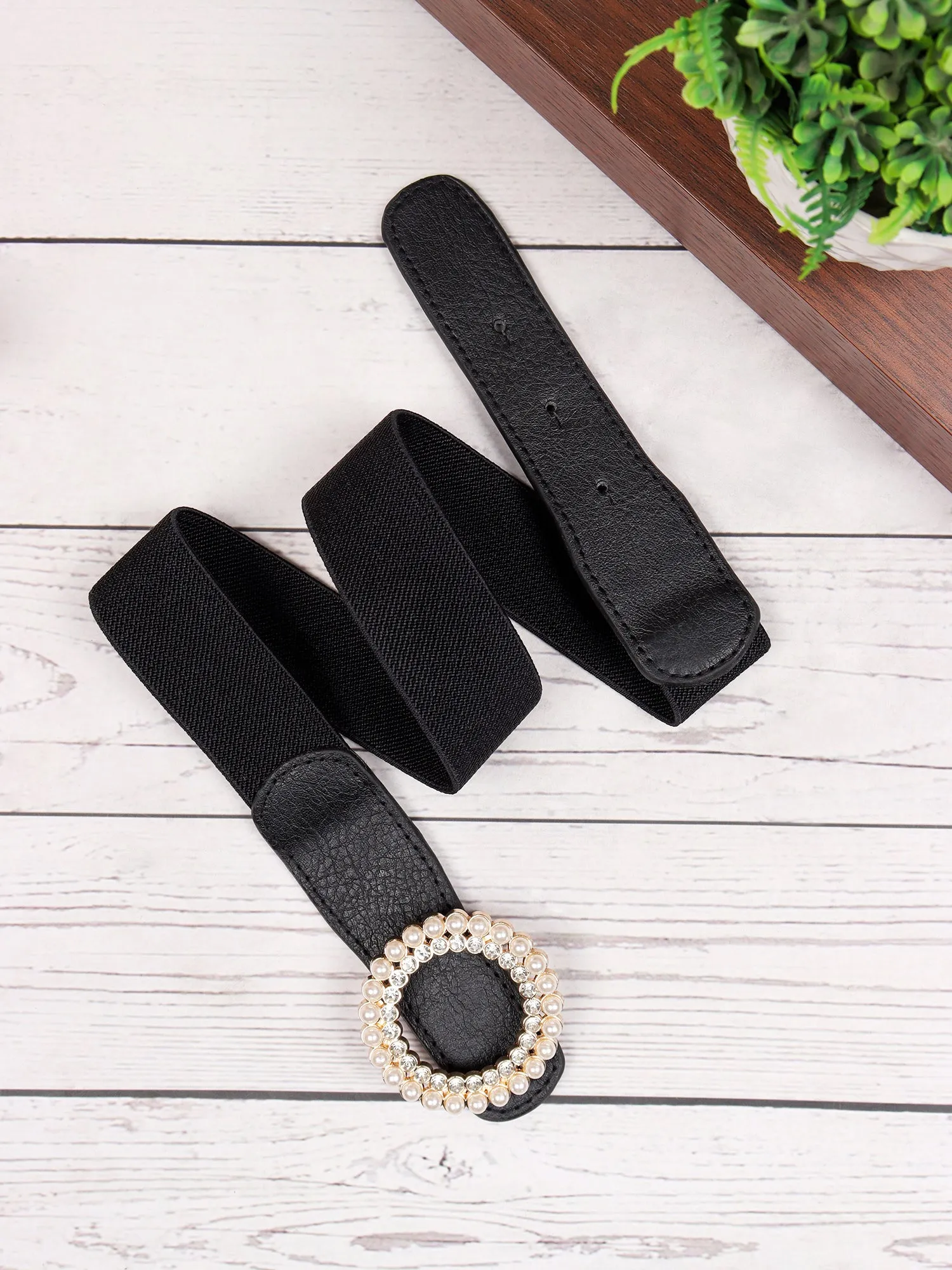 Berrylush Women Solid Black Diamond & Pearl Embellished PU Nylon Push-Pin Regular Belt