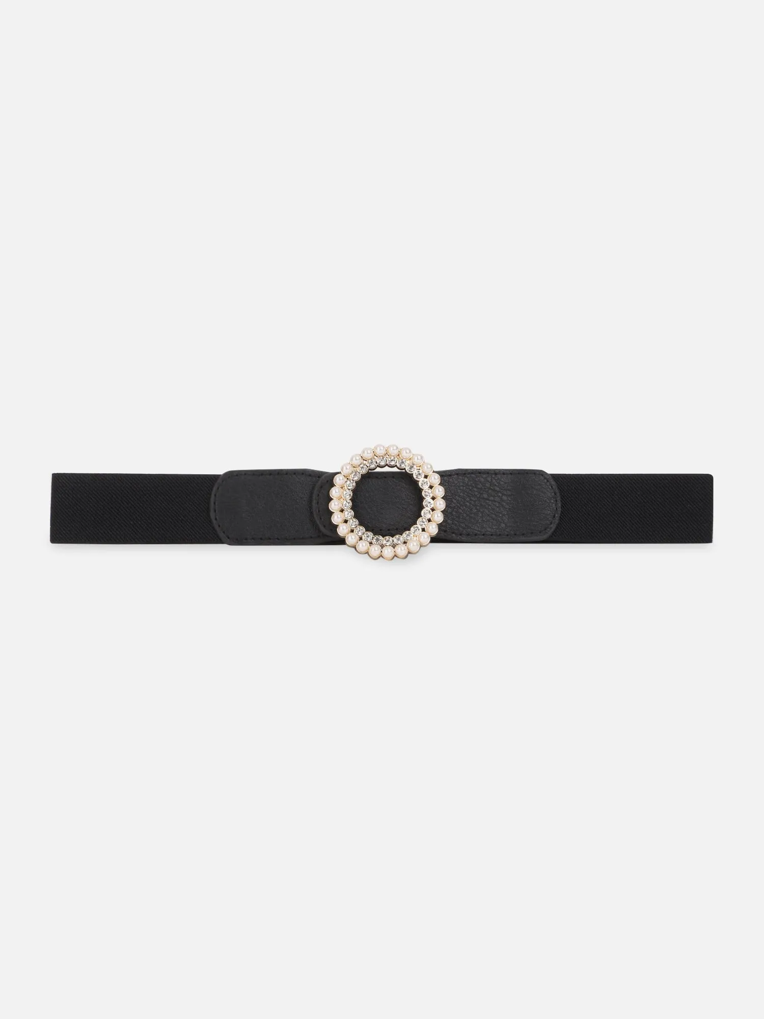 Berrylush Women Solid Black Diamond & Pearl Embellished PU Nylon Push-Pin Regular Belt