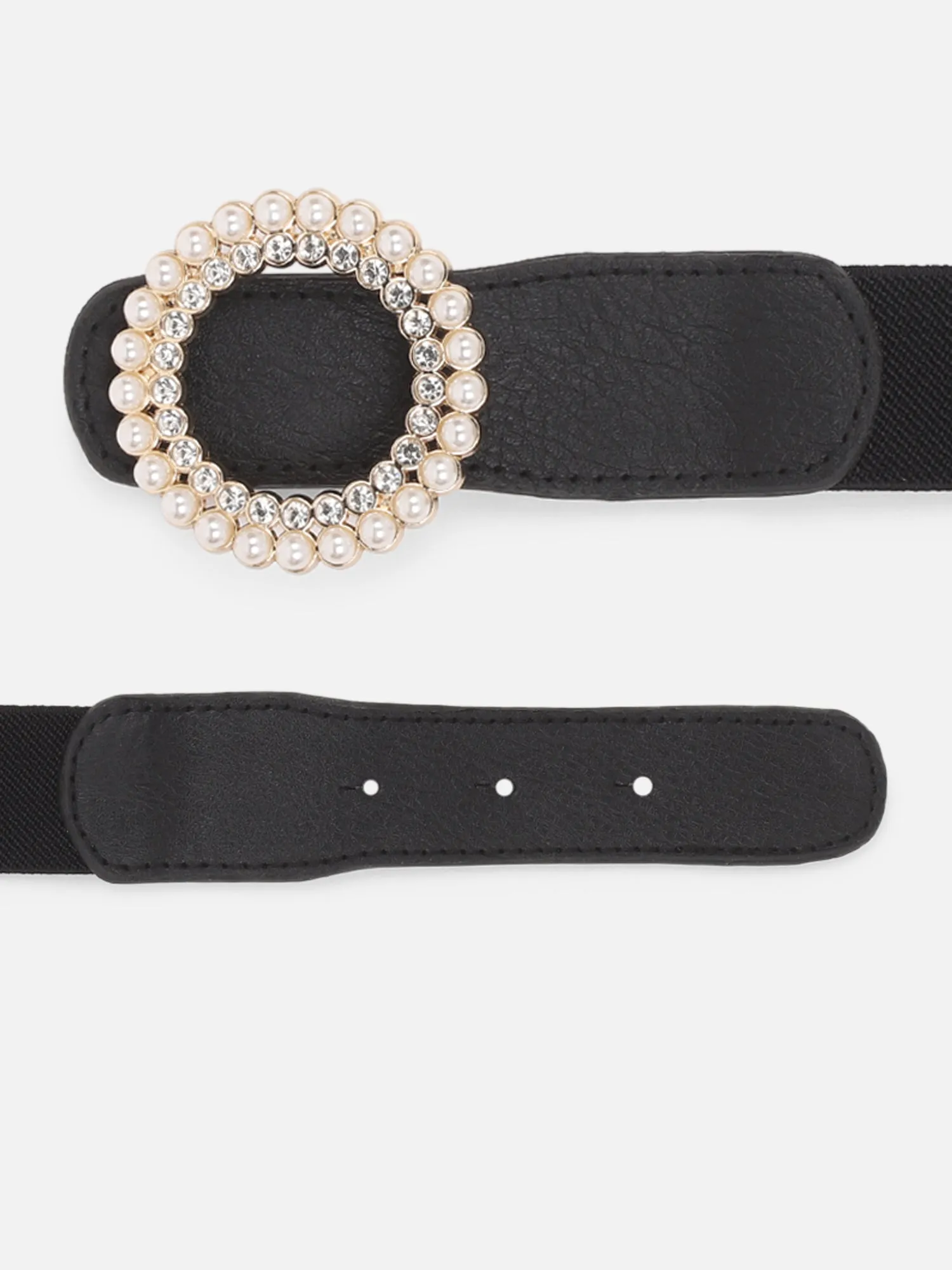 Berrylush Women Solid Black Diamond & Pearl Embellished PU Nylon Push-Pin Regular Belt