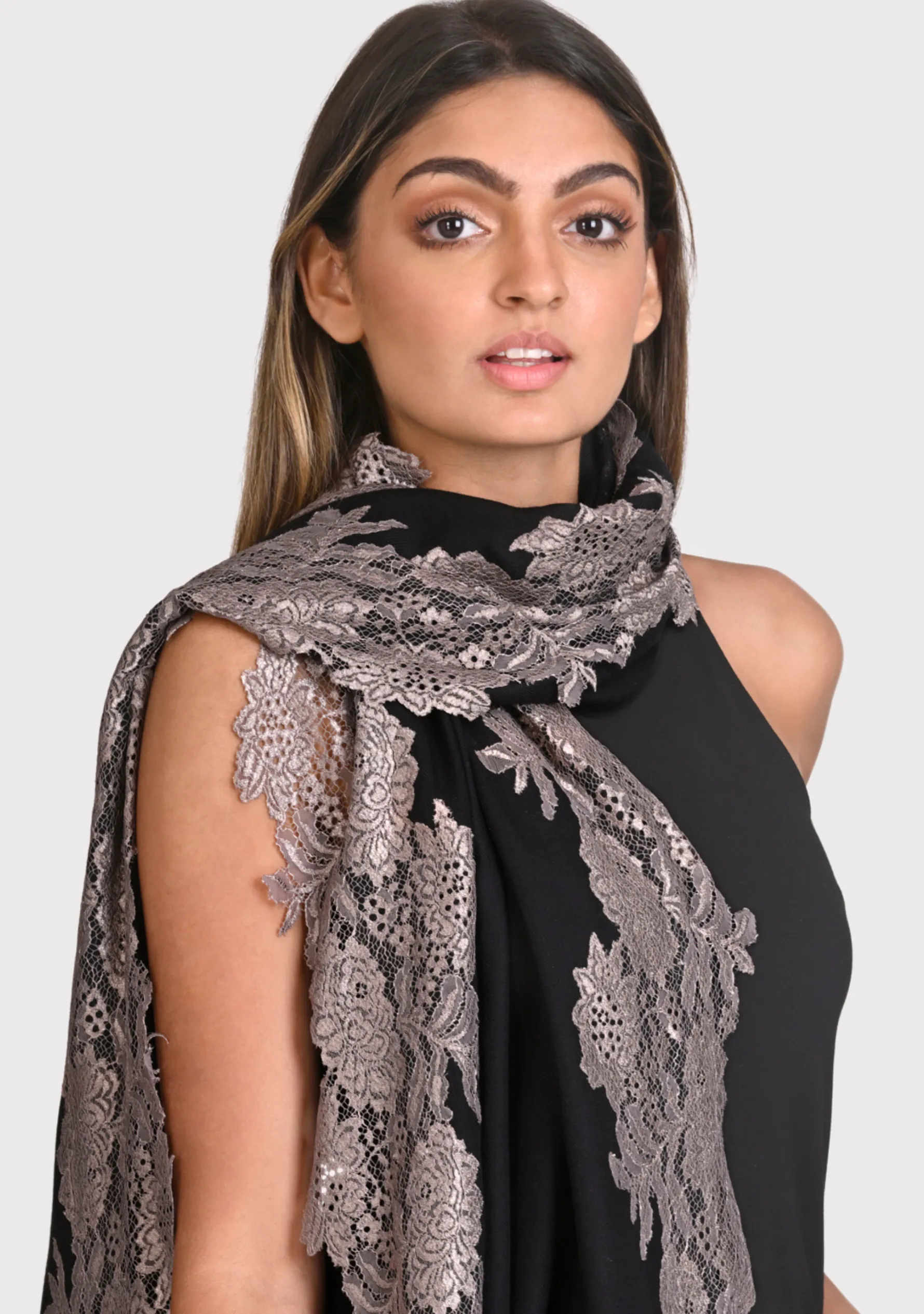 Black Silk And Wool Scarf with a Antique Silver Floral Lace Border