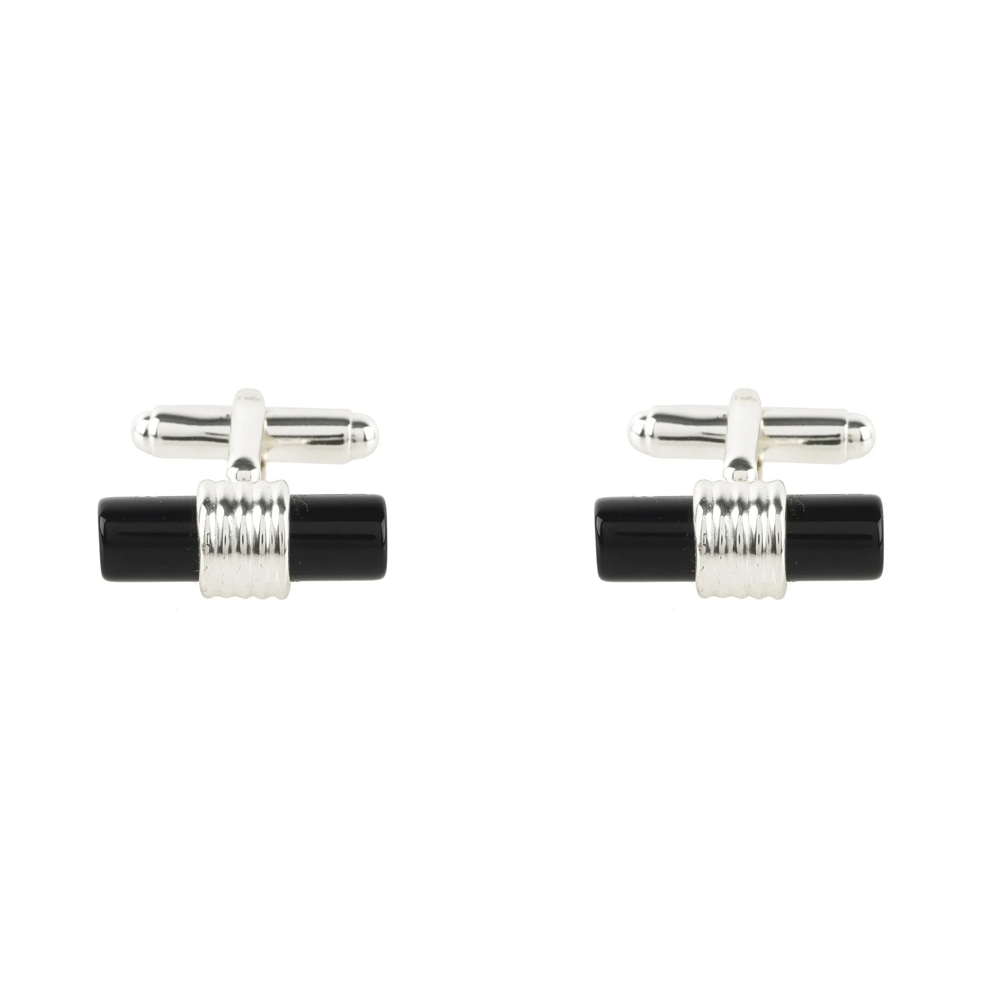 Cylindrical Cufflink Silver Black Onyx