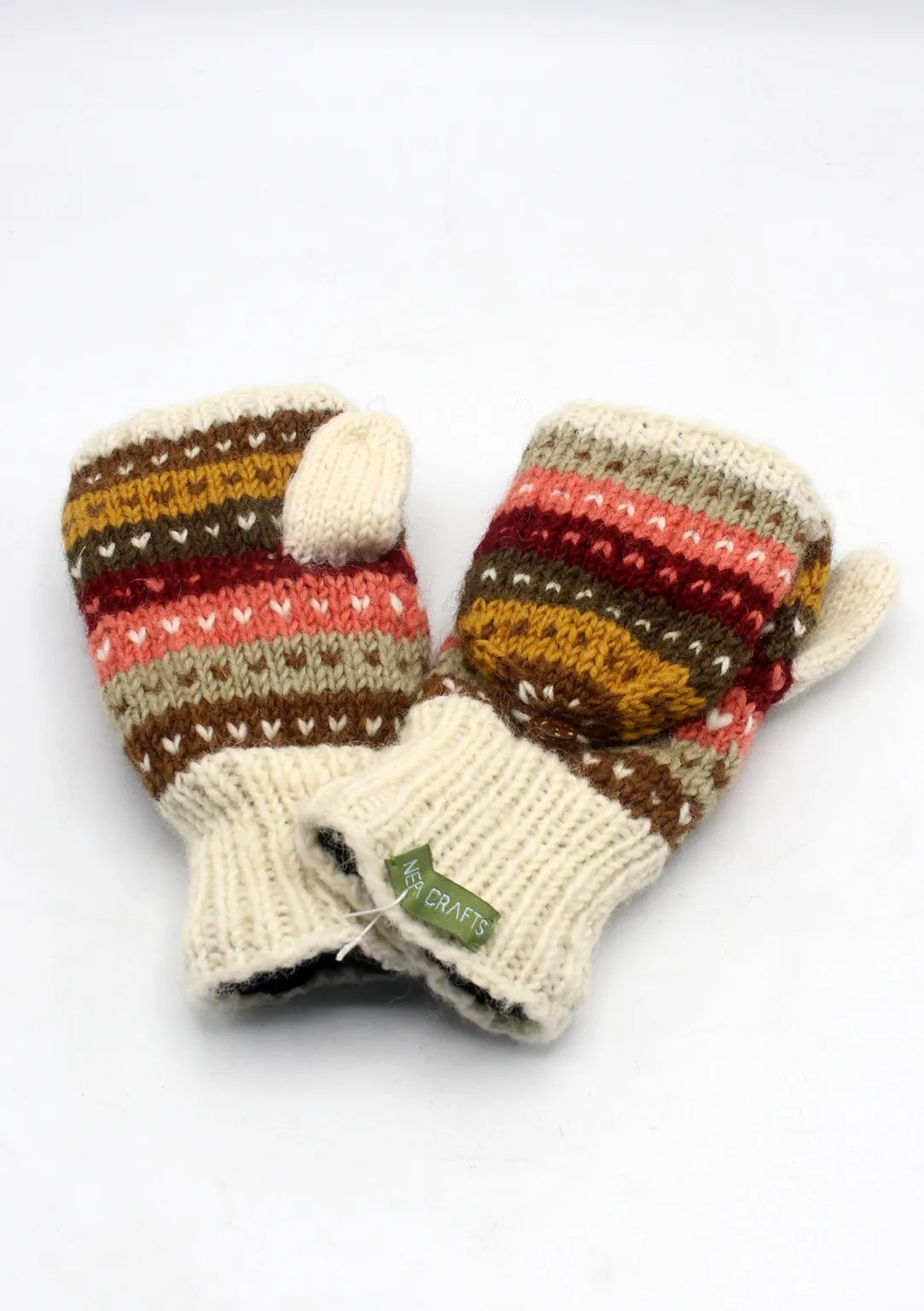 Handknited Pink and White Multicolored Hearshaped Pattern Sherpa Mittens