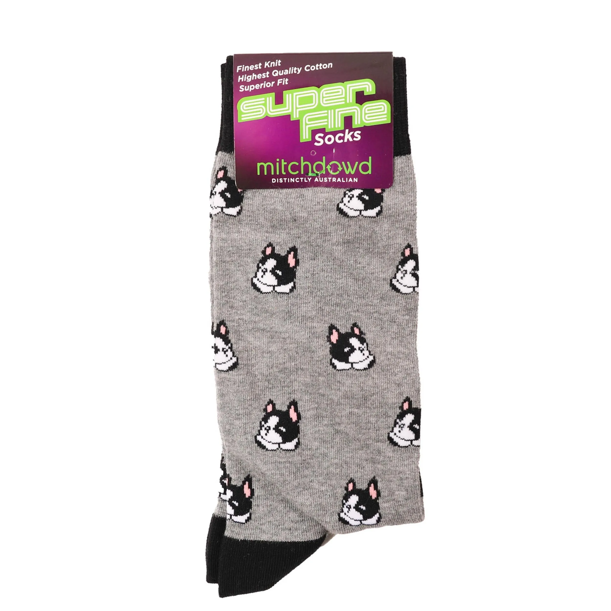 Men's Pug Fun Super Fine Cotton Crew Socks - Grey Marle