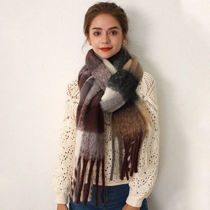 Mohair scarf for women in autumn and winter warm scarf thickened cashmere like check scarf