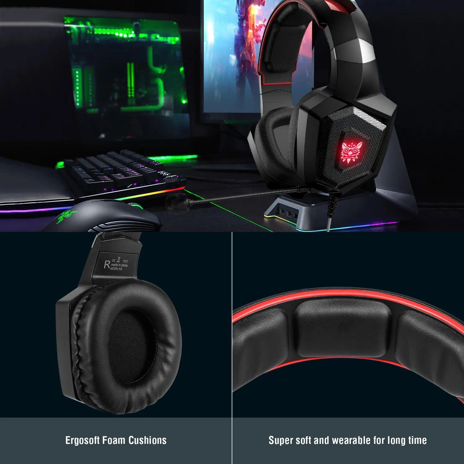 ONIKUMA K8 Wired Stereo Gaming Headphones With Mic LED Lights