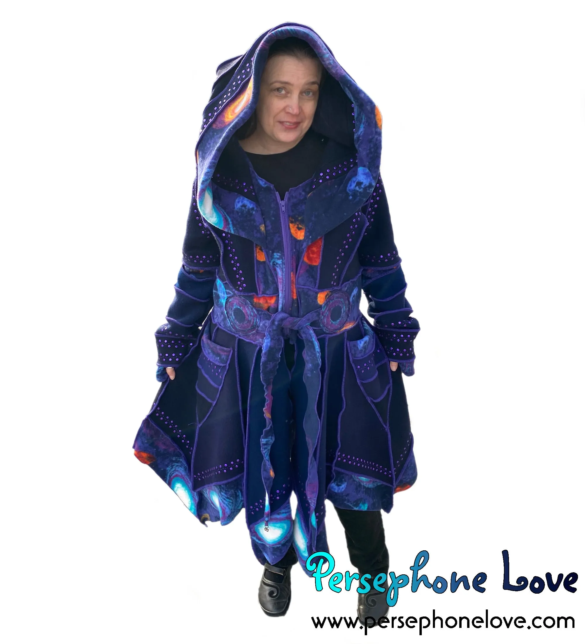 "Supernova" Blue galaxy pixie felted cashmere/wool/fleece Katwise-inspired sequin sweatercoat-2565