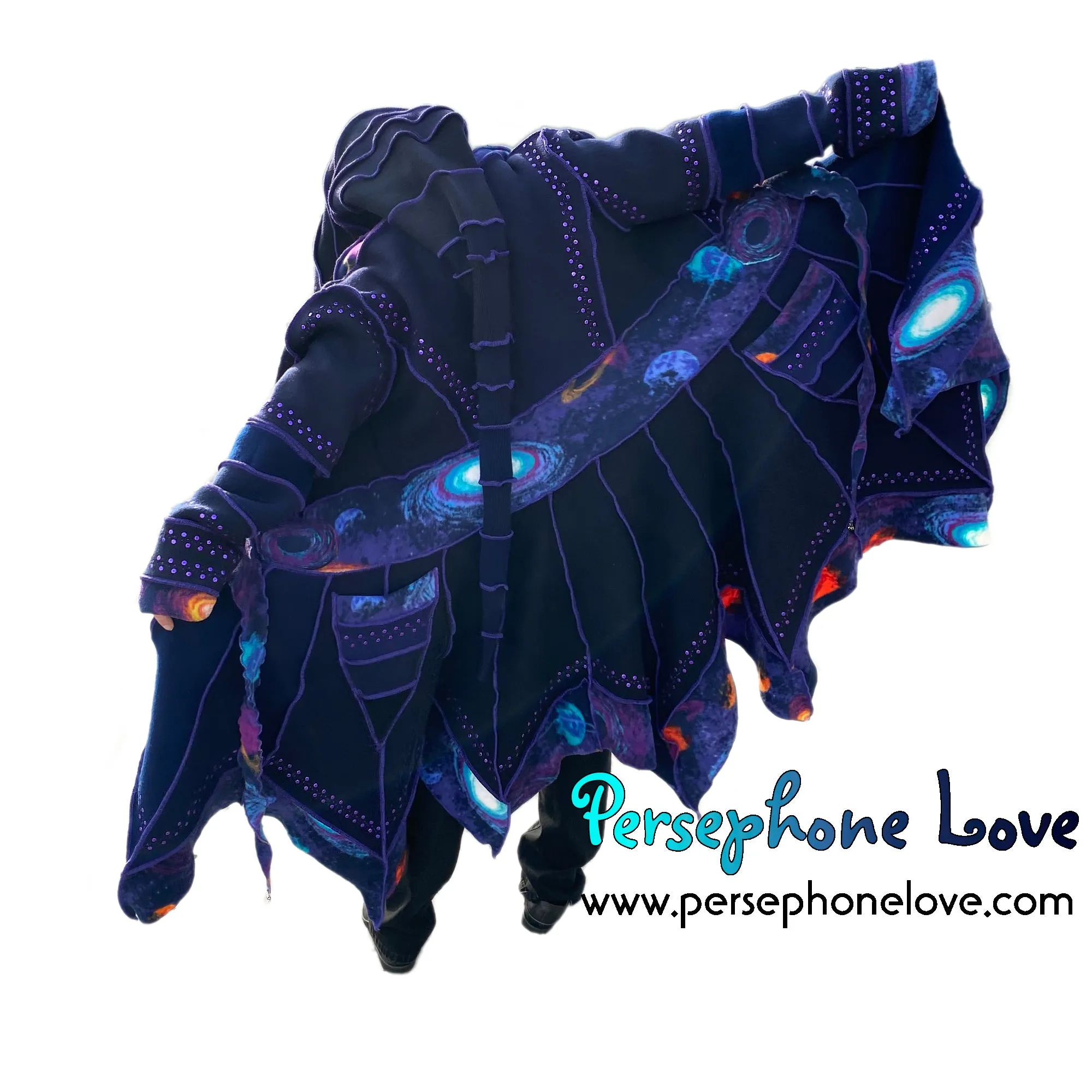 "Supernova" Blue galaxy pixie felted cashmere/wool/fleece Katwise-inspired sequin sweatercoat-2565