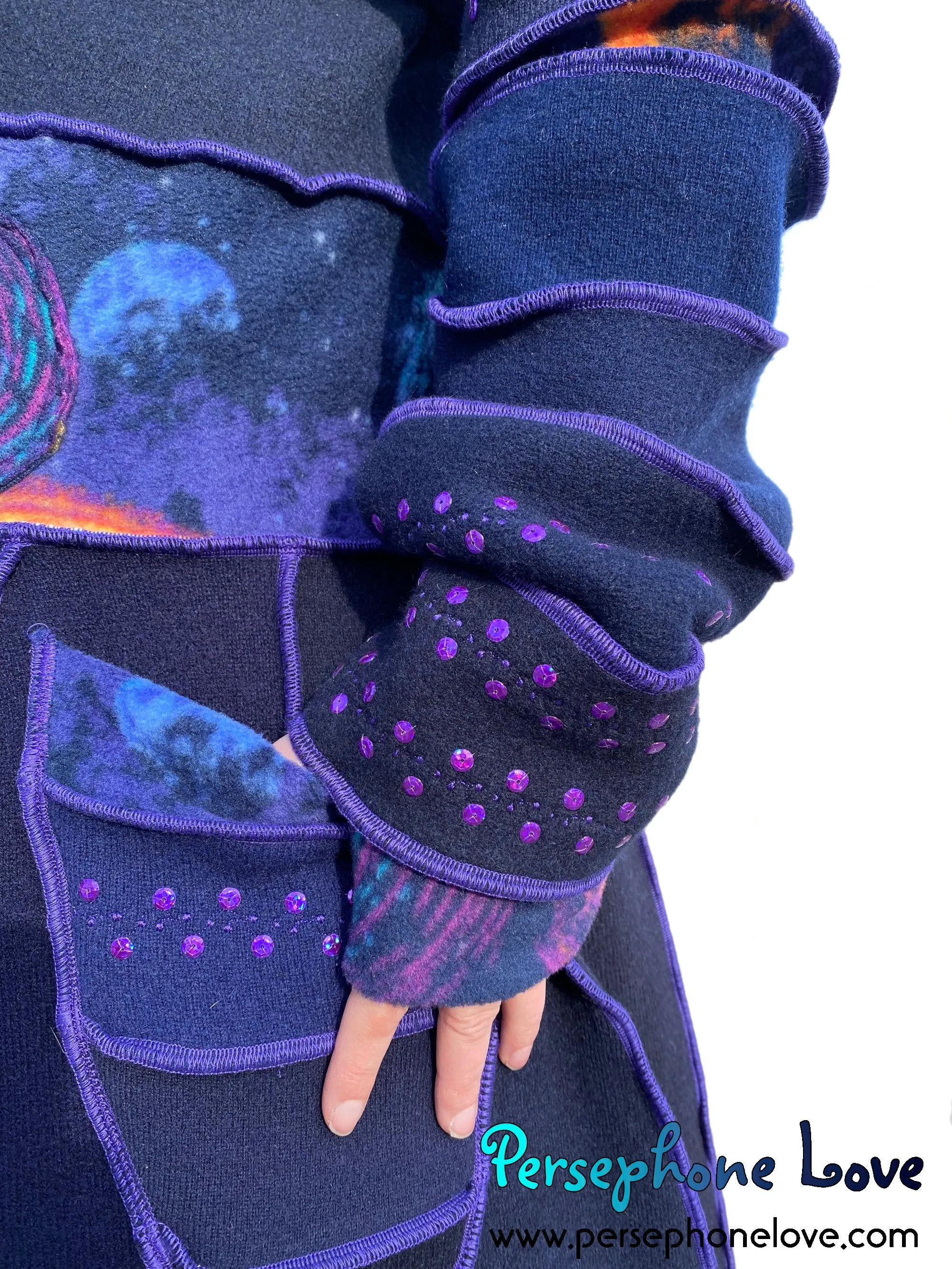 "Supernova" Blue galaxy pixie felted cashmere/wool/fleece Katwise-inspired sequin sweatercoat-2565