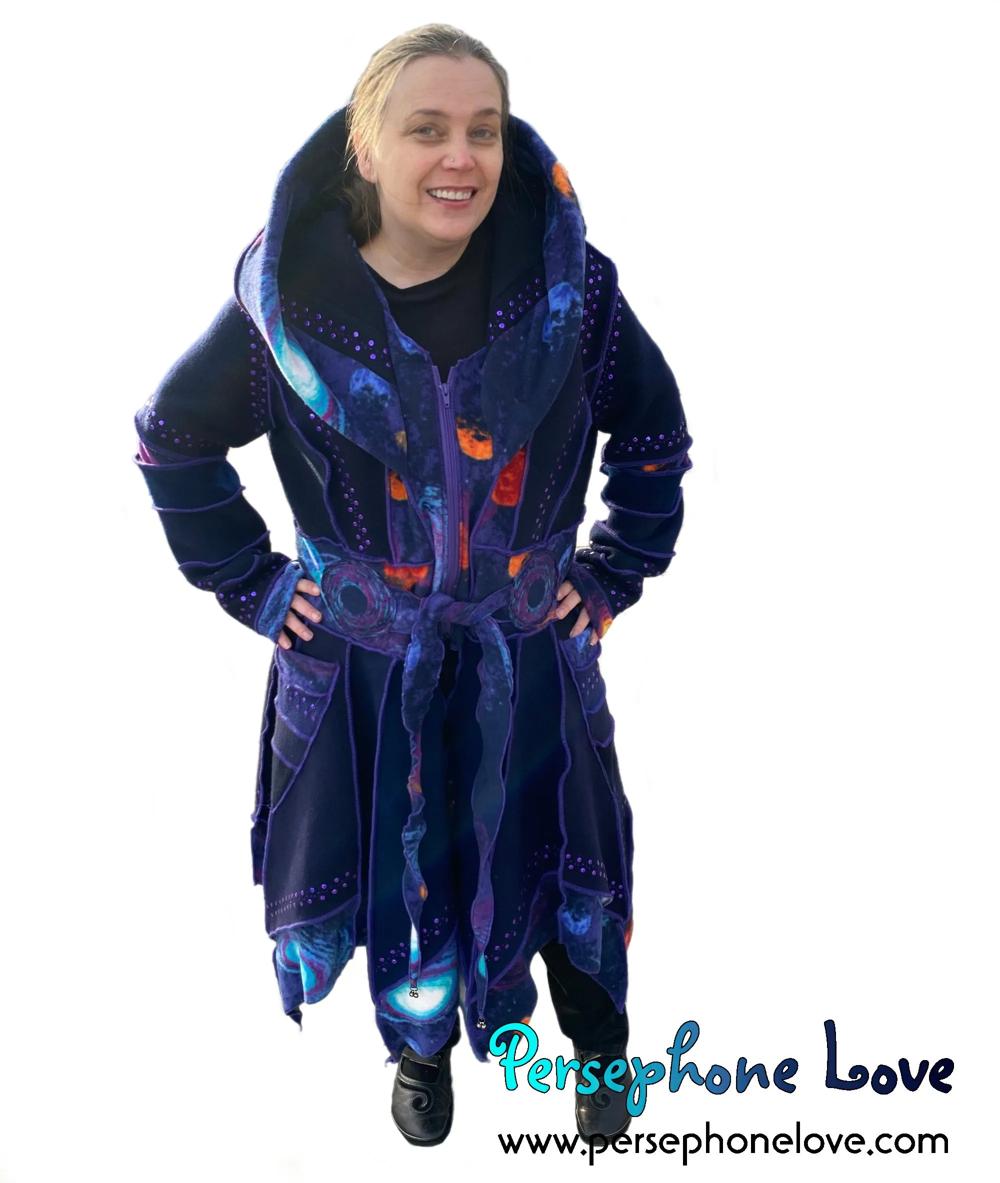 "Supernova" Blue galaxy pixie felted cashmere/wool/fleece Katwise-inspired sequin sweatercoat-2565