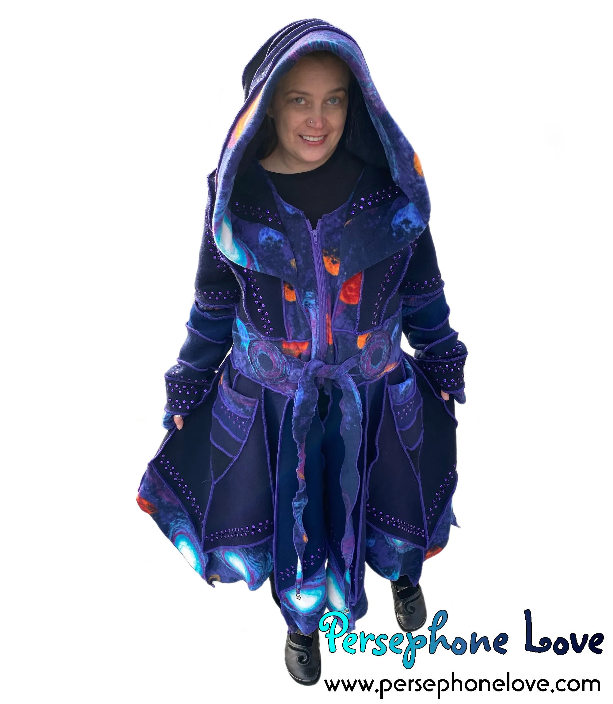 "Supernova" Blue galaxy pixie felted cashmere/wool/fleece Katwise-inspired sequin sweatercoat-2565