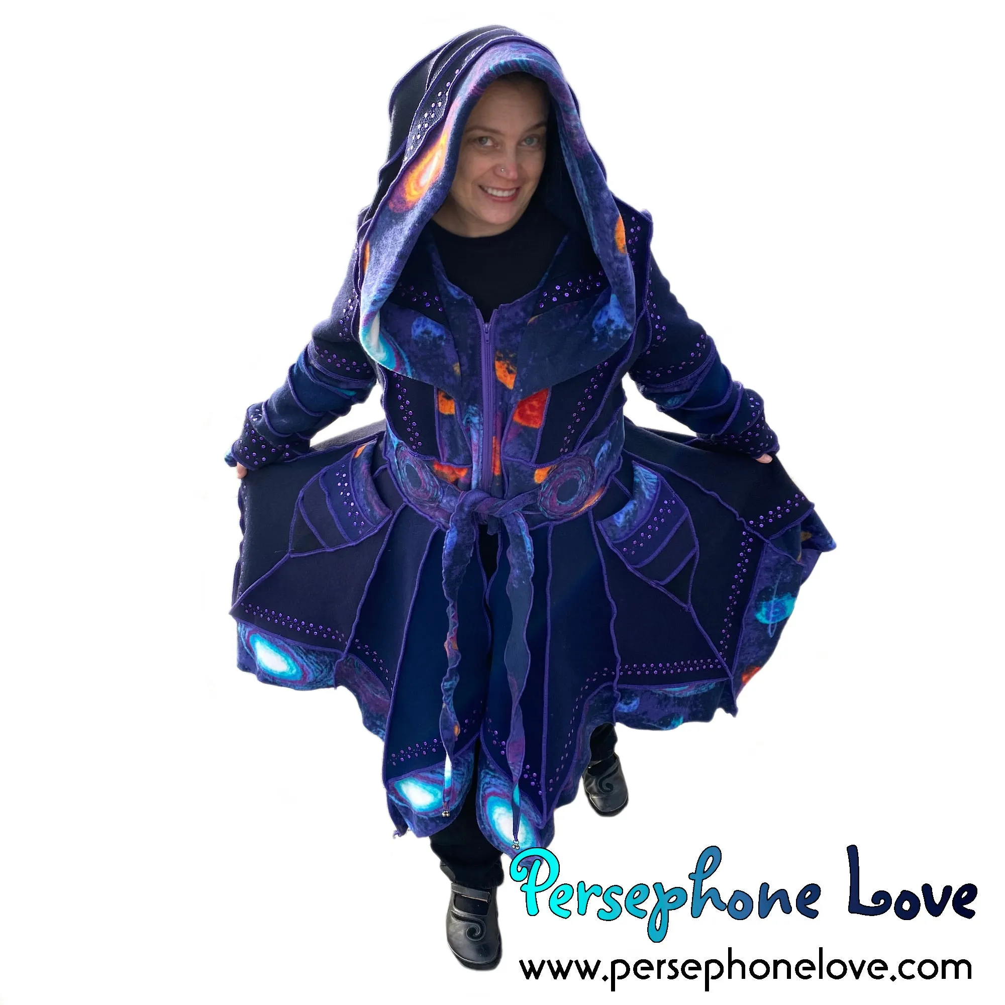 "Supernova" Blue galaxy pixie felted cashmere/wool/fleece Katwise-inspired sequin sweatercoat-2565
