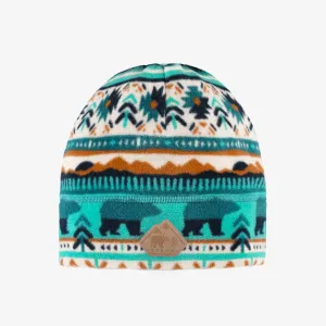 Tuque turquoise et crème à motifs en polar, enfant || Turquoise and cream patterned toque in fleece, child